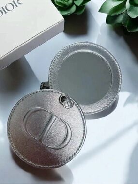Dior Silver Round Leather Compact Mirror with CD Charm